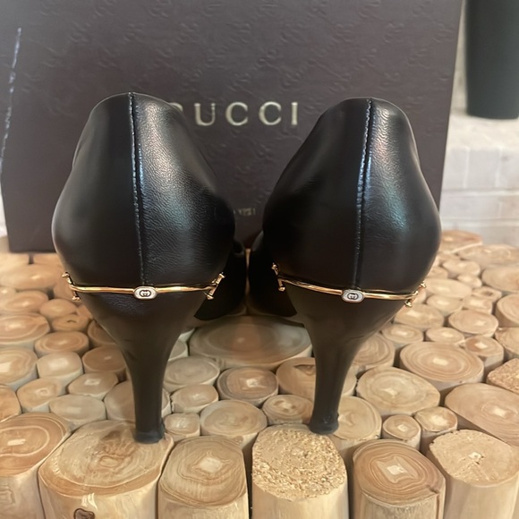 Gucci Black Leather Napa Charlotte Nero 3.5 Heel Almond Toe Horsebit Logo 39 8.5 - Picture 6 of 9